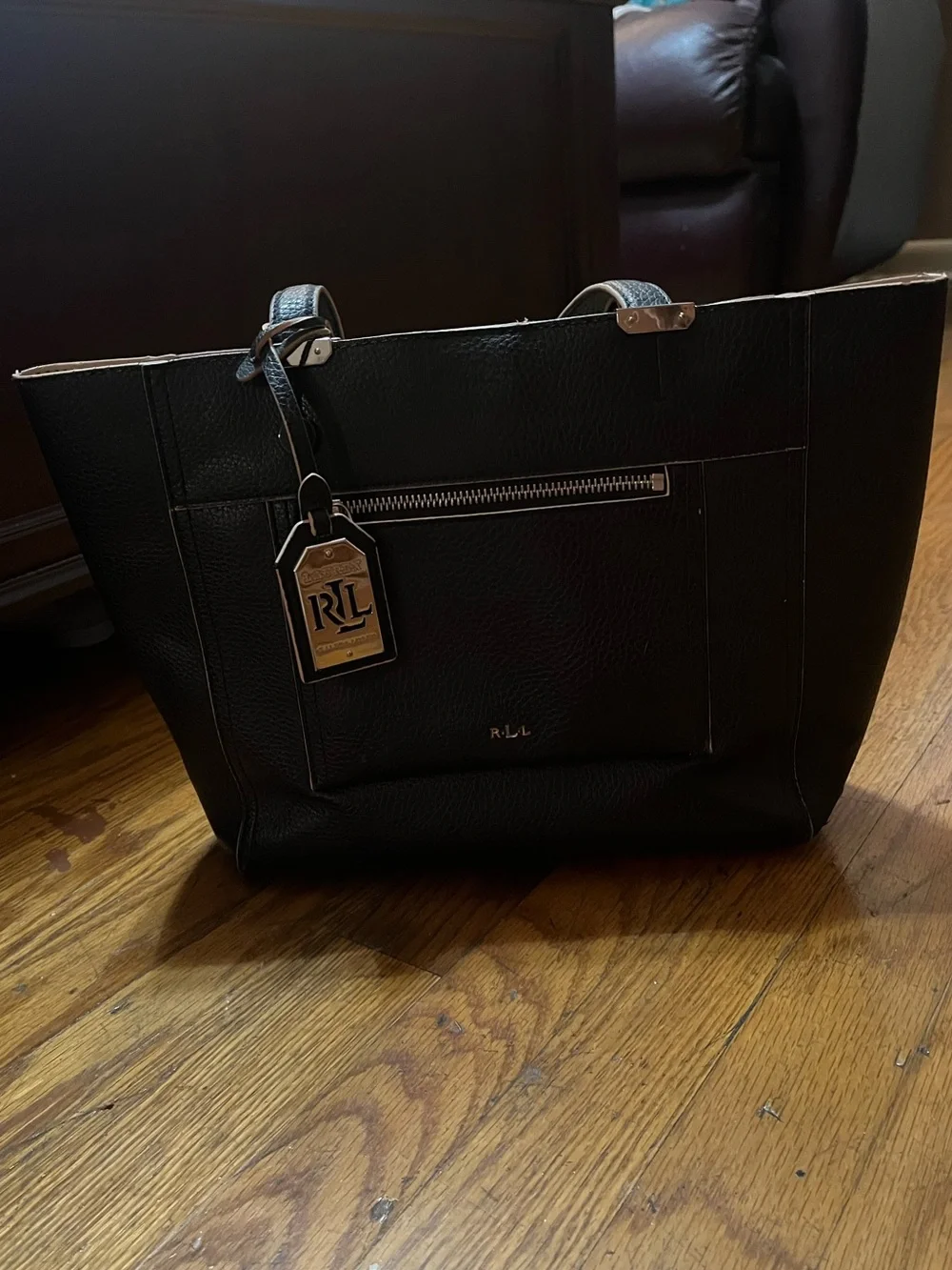 Lauren Ralph Lauren Black Tote Bag with Front Zip Pocket